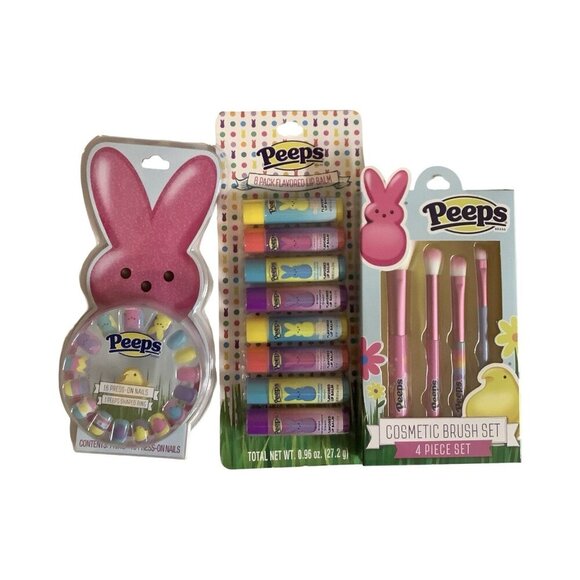 Peeps Collection” Set Of 3 Includes Girl Press On Nail Set, Lip Balms, Brush Set - Picture 1 of 8